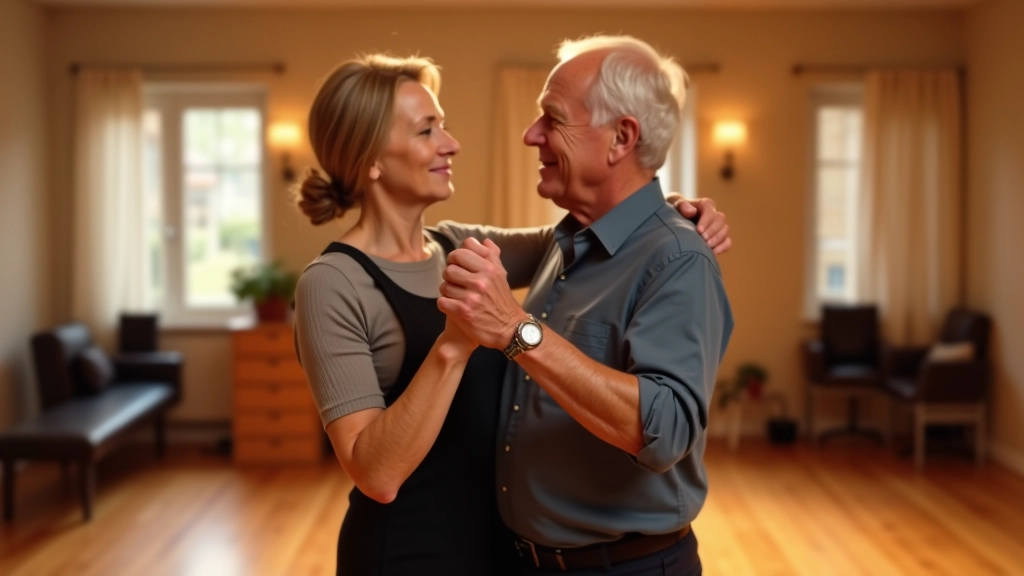 Couple demonstrating bachata dance position with proper frame and connection, indoor dance studio with wooden floor