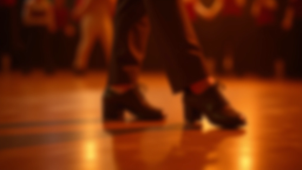 Close-up of dance shoes on a wooden dance floor with warm amber lighting