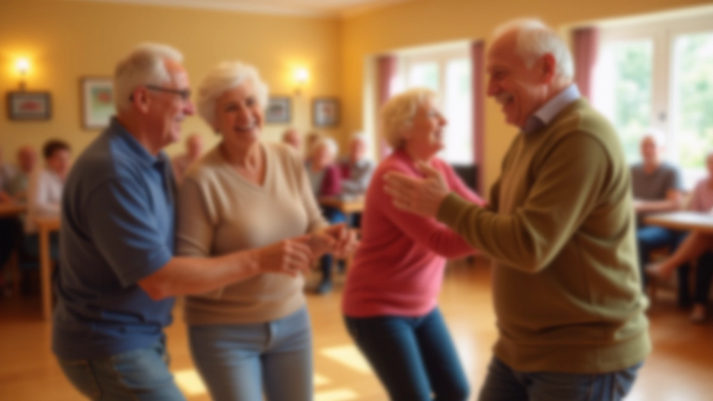 Four seniors dancing together at a social event, enjoying movement and community