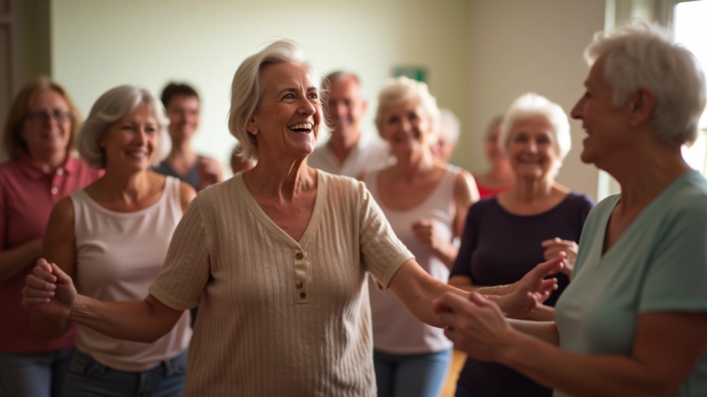 Group of active seniors enjoying a dance social event together in a bright, welcoming space