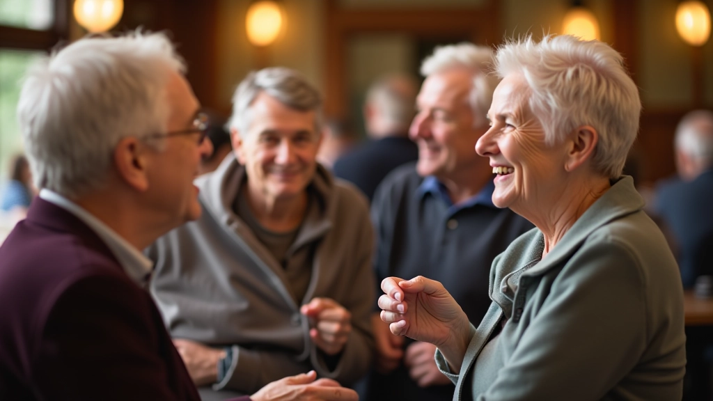Older dancers chatting and smiling in a relaxed social setting between dance sets