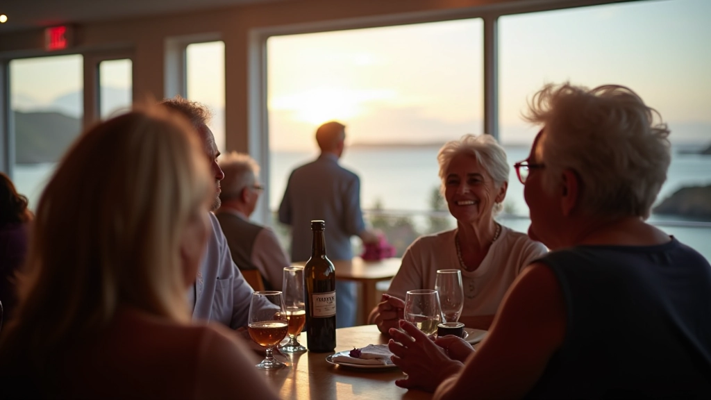 Group of retirees at a Galway dance retreat event, smiling and enjoying a social break by a coastal window