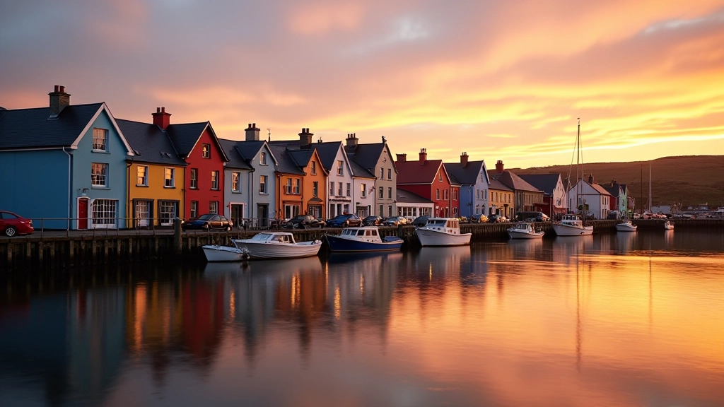 Galway coastal town view with traditional Irish buildings and harbor at golden hour